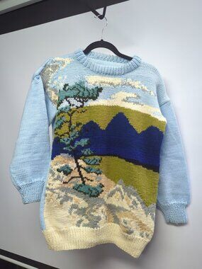Vintage Hand Knit Hand Made Lone Pine Scene Patons Jan 1989 Landscape Jumper M L